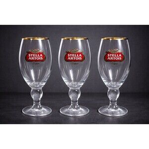 Stella Artois Belgium Chalice Beer Glasses Gold Rim Anno 1366 0.40cl Set of 3